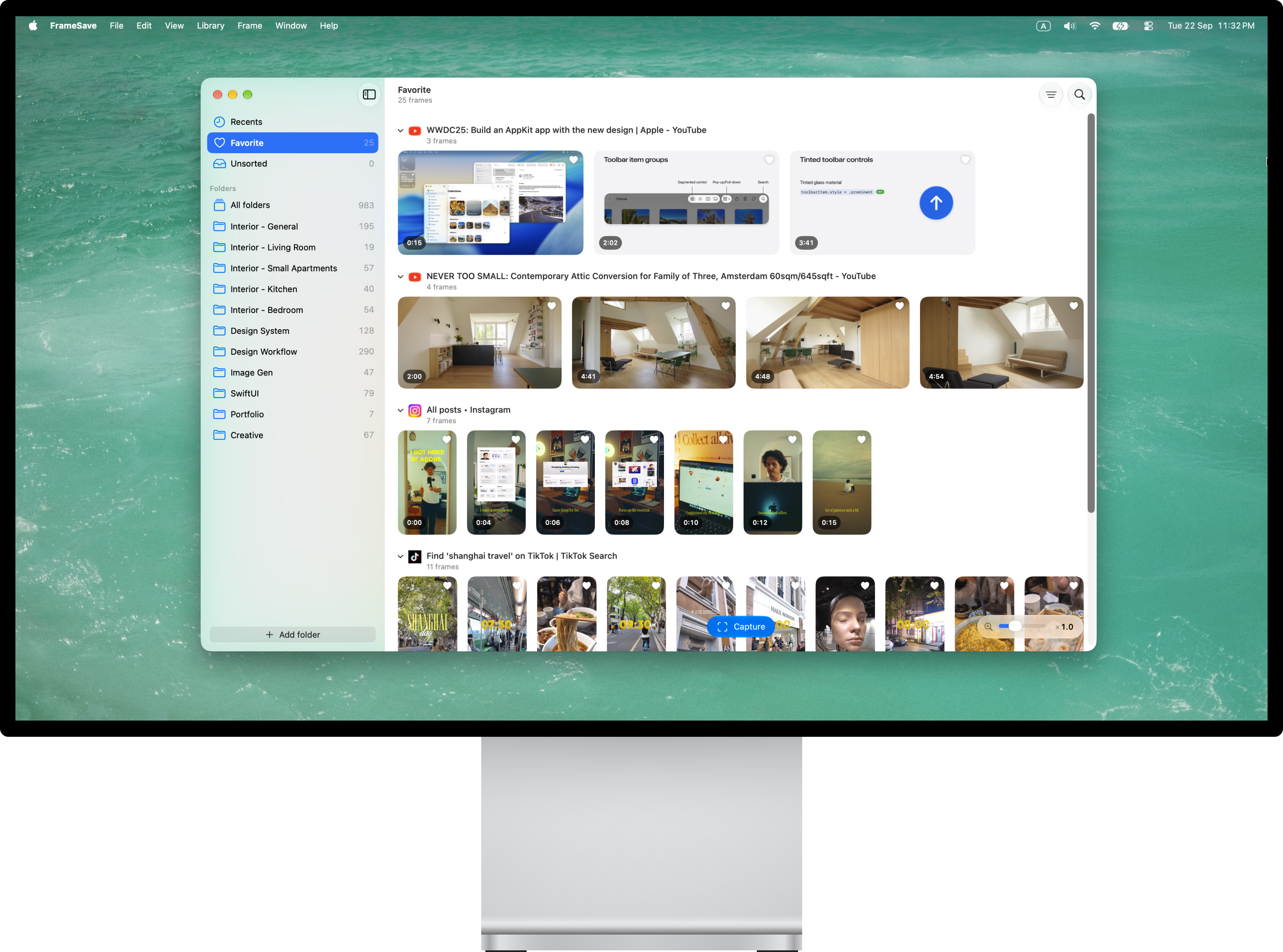 FrameSave on an Apple Pro Display XDR, showing a library of tutorial slides, interior inspiration, and social video references grouped by source.